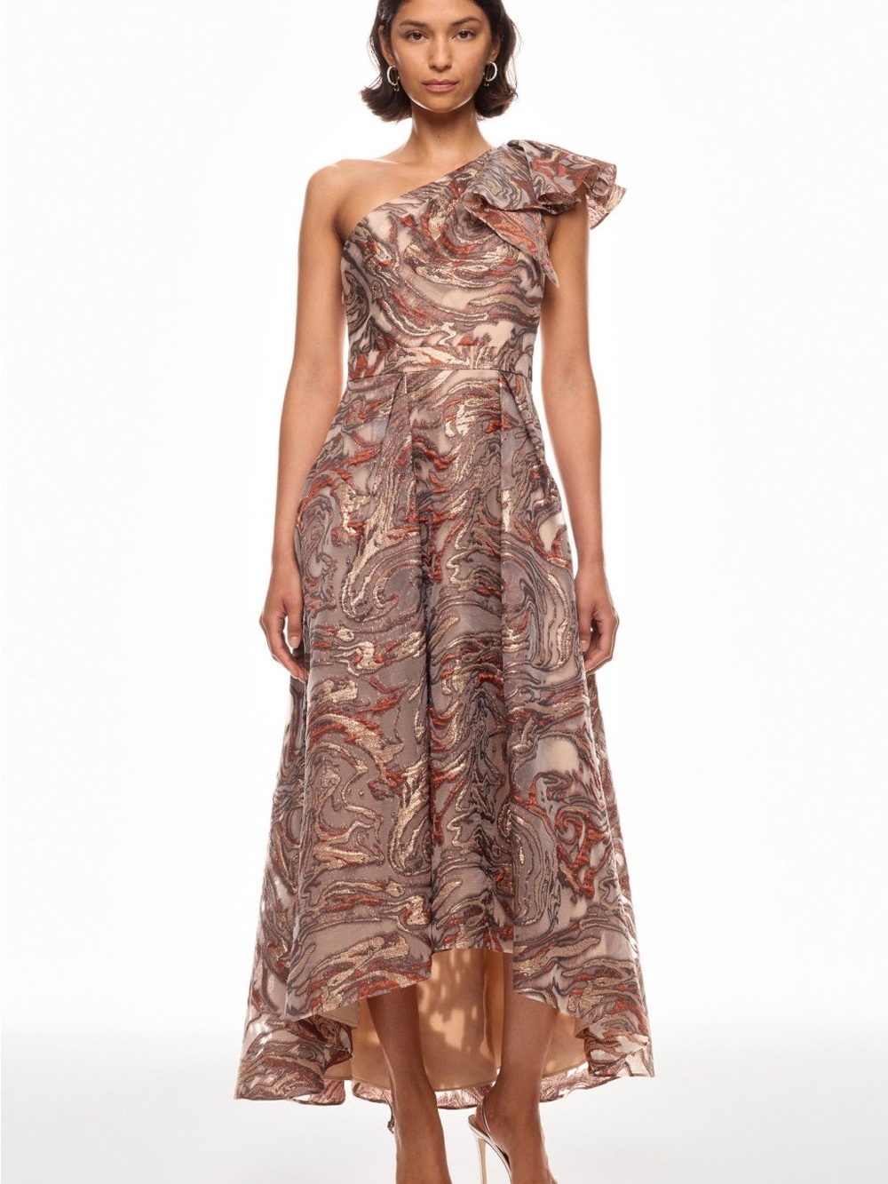 Aidan Mattox One-Shoulder Marble-Print Midi Dress in Taupe and Rust size 8